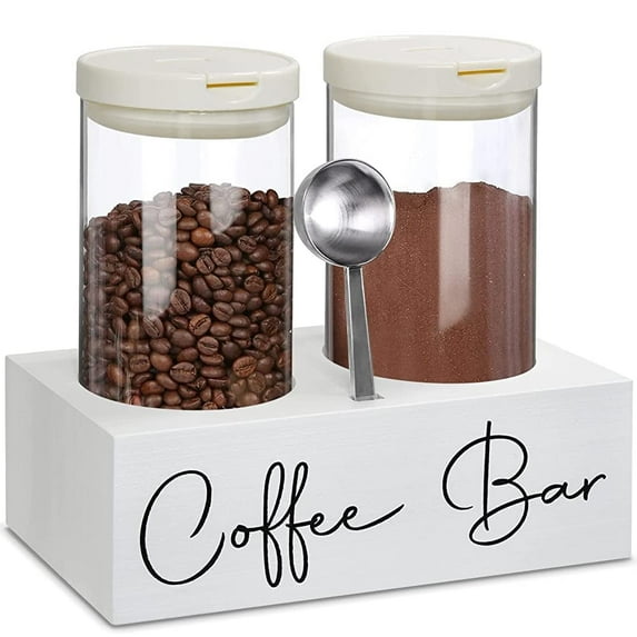 Coffee and Sugar Container Set of 2 with Shelf for Coffee Storage Container, Air Tight Bean Container with Scoop for Accessory Organizer, Canister for Station Organizer