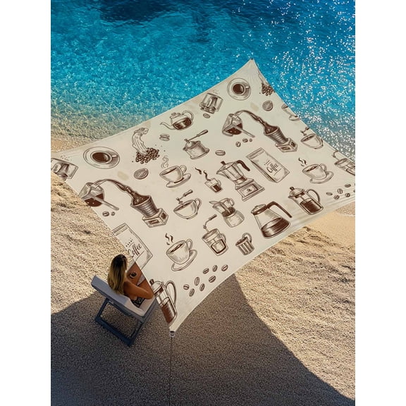 Coffee Sun Shade Sail 8' x 10', Vintage Coffee Beans Brewing Equipment Linen Texture Rectangle Outdoor Sunshade Canopy, Waterproof UV Block Patio Covers for Garden Yard Beach