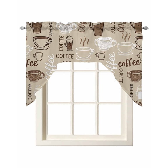 Coffee Swag Valances for Windows, Small Curtains Drapes, Beige Farmhouse Retro Beans Latte Tea Cup Funny Kitchen Window Curtains Over Sink Window Treatment Valance for Bedroom/Bathroom 56"x36"