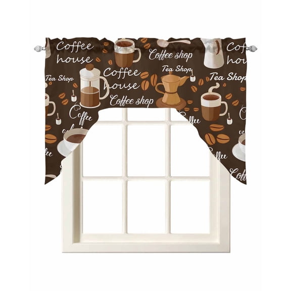 Coffee Swag Valances for Windows, Small Curtains Drapes, Brown Retro Coffee Theme Beans Latte Tea Cup Kitchen Window Curtains Over Sink Window Treatment Valance for Bedroom/Bathroom 56"x36"