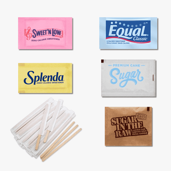 Coffee Sweetener & Sugar Variety pack – 500 Ct Splenda, Equal, Sweet’N Low, in The Raw, Cane Sugar + 40 Wooden Stirrers