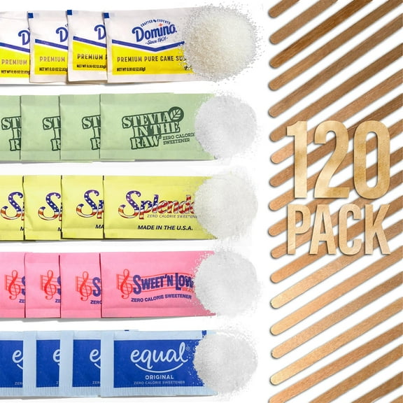 Coffee Sweetener Variety Packets, Sugar Packets Variety (120 Pack) with Coffee Stirrers, Sugar and Sweetener Assortment Packets