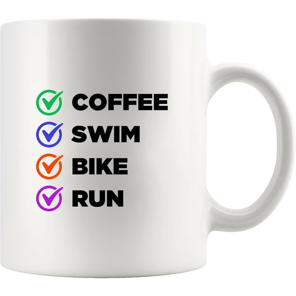 Coffee Swim Bike Run Mug Check Box Triathlete Gifts Swimmer Biker Runner Sports Player Coach Triathlon Athlete Novelty Drinkware Ceramic Mug 11 oz White