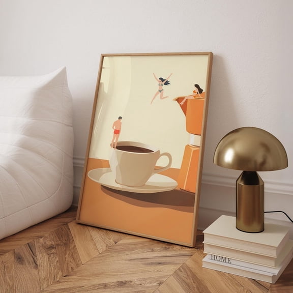 Coffee Swimmers Art Poster Surreal Coffee Break Wall Decor 8x12 UNFRAMED