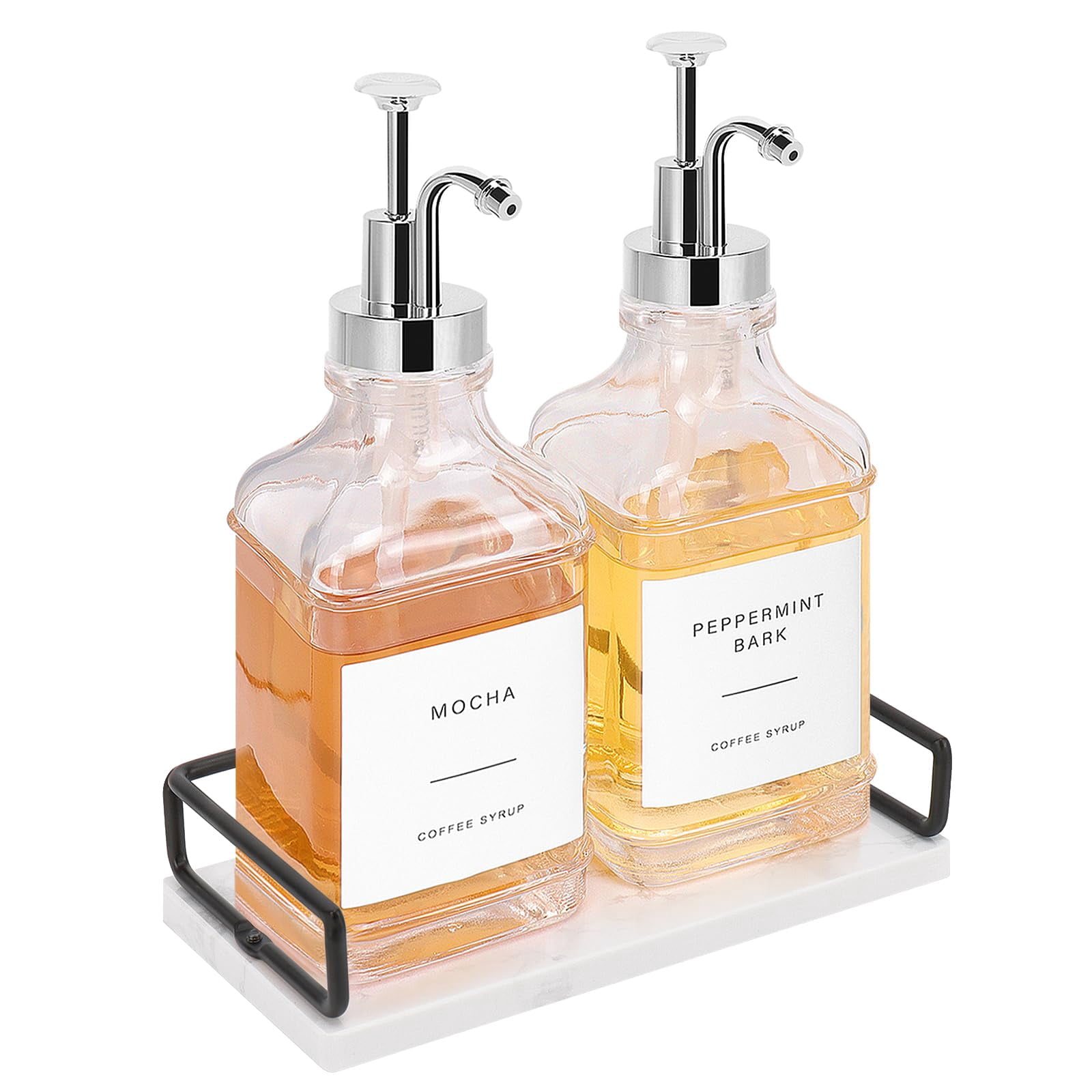 Coffee Syrup Dispenser For Bar  Clear Glass Bottles With Pump Refillable Maple Storage Station Accessories And Organizer 500ml Set Of 2 + Tray (chrome Finish)