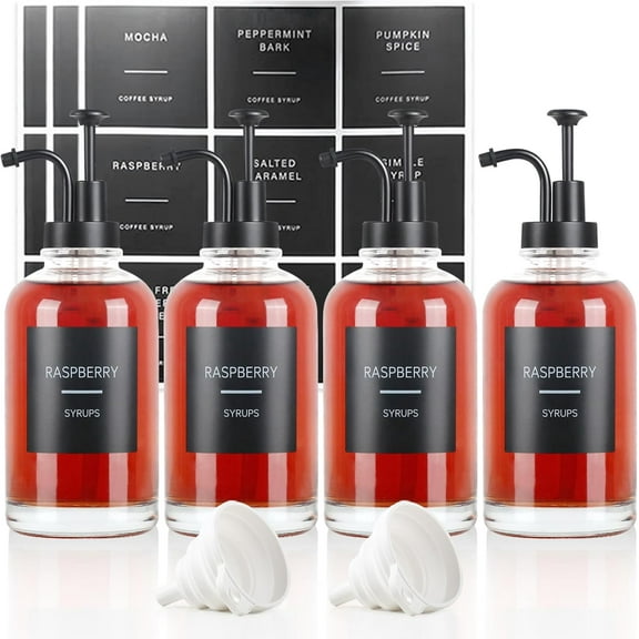 Coffee Syrup Dispenser for Coffee Bar, Set of 4 Simple Glass Syrup Bottle w. Labels and Coffee Scoop, 16.9 oz 500ml Coffee Syrup Pump Dispenser, Coffee Bar Accessory Syrup Dispenser w. Golden Pump