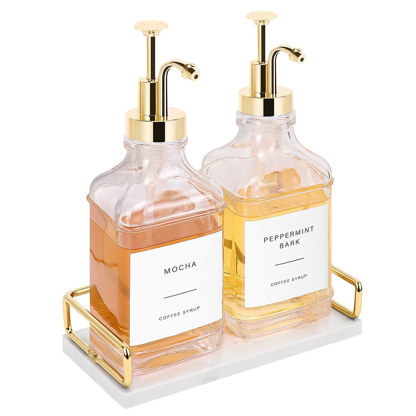 Coffee Syrup Dispenser For Bar  Clear Glass Bottles With Pump Refillable Maple Storage Station Accessories And Organizer 500ml Set Of 2 + Tray (gold)
