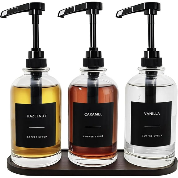 Coffee Syrup Dispenser - Glass Dispenser with 1/4oz Large Capacity Pump, Coffee Bar Organizer, Black, 16oz