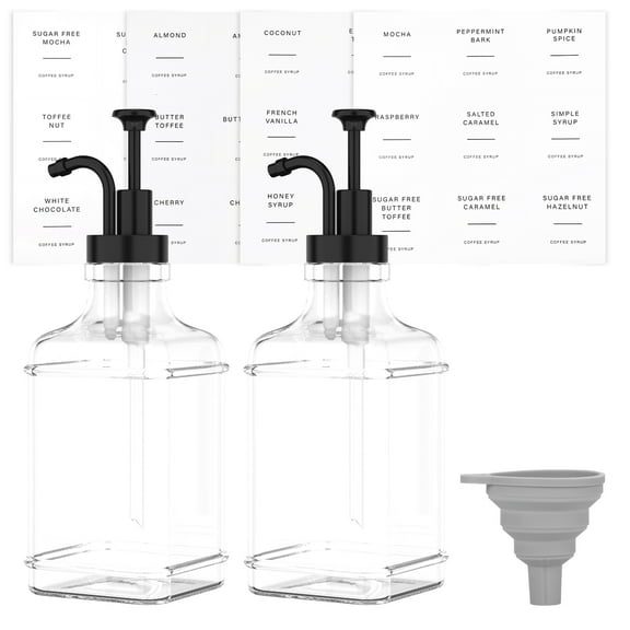 Coffee Syrup Dispenser Set with Silicone Funnel 500ml Glass Syrup Bottle with Label Stickers Clear Coffee Syrup Container Portable Coffee Pump Dispenser Syrup Pump Dispenser for Bar