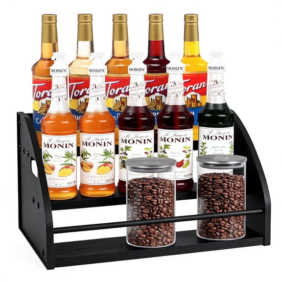 Coffee Syrup Rack- Extra Large for 15 Syrup Bottles Holder- Rustic Countertop Display Shelf for Liquor Bottles, Coffee Bar, Kitchen Cabinet- Pantry Storage for Water Bottles, Spirits & Whiskey