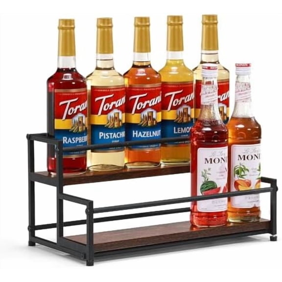 Coffee Syrup Rack Organizer, 2-Tier 10 Syrup Bottles Holder Stand for Coffee Bar, Liquor Bottle Display Shelf Bar Shelf Stand Countertop Rack for Syrup, Wine, Spice