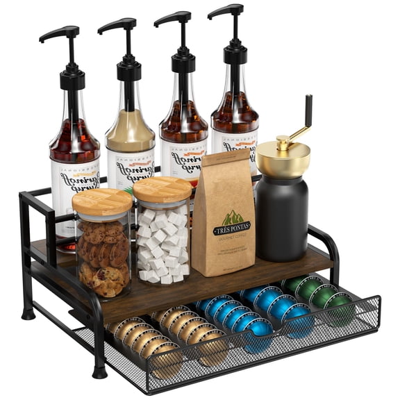 Coffee Syrup Rack Organizer, 3-Tier 8 Bottles Syrup Rack with Pod Holder Drawer for Nespresso Pods, Holds up to 30 Big or 40 Small Capsules, Countertop Coffee Bar Organizer for Kitchen Cafe Y101