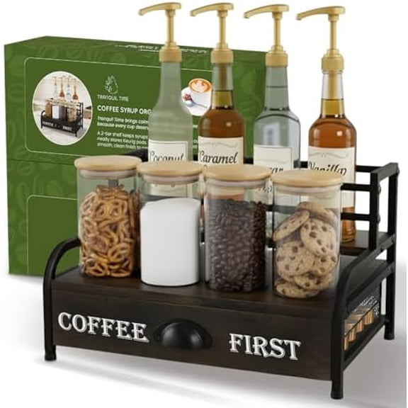 Coffee Syrup Rack Organizer 3-Tier Coffee Bar Stand for Countertop, Rustic Wood & Metal Bottle Display Shelf with Coffee Pod Drawer, Wine Rack, Liquor Display Shelf for Home Coffee Station