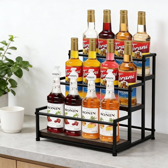Coffee Syrup Rack Organizer - Metal Bottle Holder for 12 Bottles – Rustic Countertop Display Shelf for Coffee Bar, Kitchen Cabinet, Pantry Storage for Syrups, Liquor, Spice, Tea & Wine (3-Tier)
