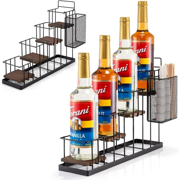 Coffee Syrup Rack Organizer, with Rustic Wood Holder Coffee Station Bar Accessory for Syrup, Wine, Dressing Bottle Countertop Display Storage Stand for Kitchen with Basket and Hooks Holds 4 Bottles