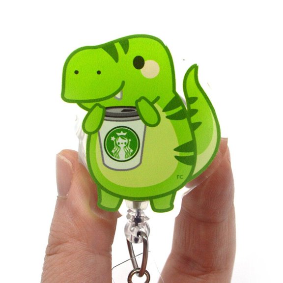 Coffee T-Rex Acrylic Badge Reel for Animal Lovers, Nurses, Nursing Students, Vet Techs, Dinosaur, Scientists, MLS, MLT, Doctor, Pediatrics
