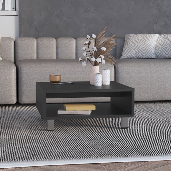 Coffee Table 10.6" H, 1 Shelf & 4 Legs in Black, Durable for Everyday Use with Compact Style