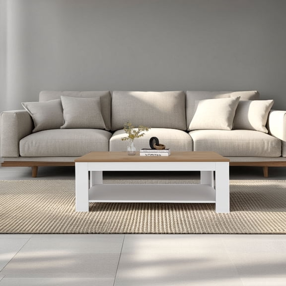 Coffee Table 16.20" H, 1 Shelf, White / Natural Oak - Living Room