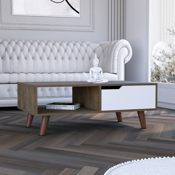 Coffee Table 2.0 In Rectangular, Modern With One Drawer & Four Legs, 23.62''d X 39.61''w Superior Top, 18.8''w 7.4''h Open Shelf, 5.1''h 16.6''w Drawer, Engineered Wood, Multicolor, 54.37 Lb, For