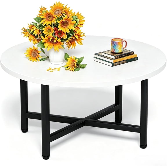 Coffee Table, 23.6" Small Coffee Tables, Gray Round Coffee Tables for Living Room, Floor Table for Sitting on The Floor, Center Coffee Table with Metal Frame for Office Apartment Home, White