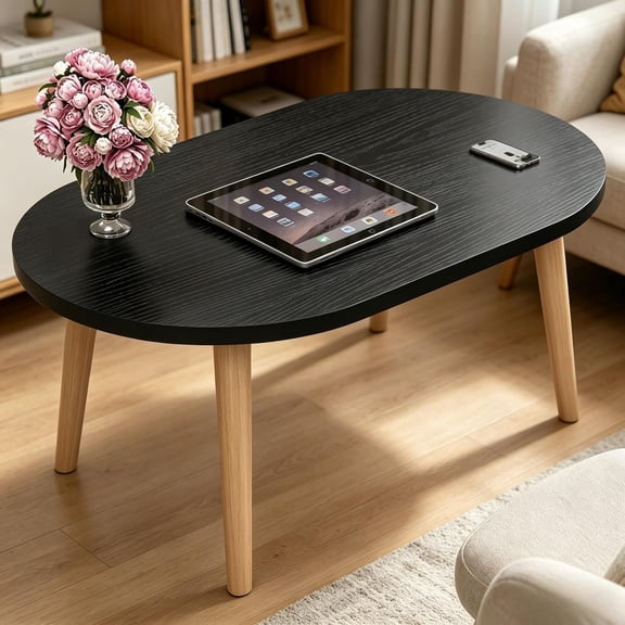 Coffee Table, 23.6" Small Oval Coffee Tables for Small Space with 4 Solid Wood Leg, Floor Table Desk for Sitting on The Floor, Side Table Japanese Low Table for Living Room Apartment, Black