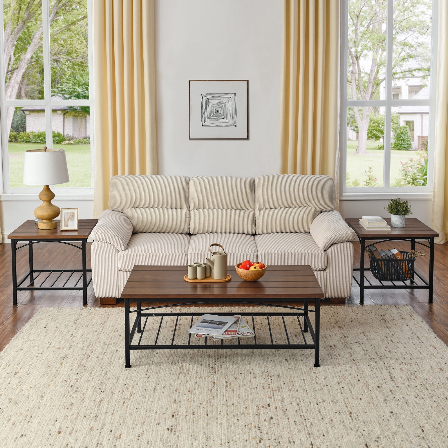 3-Piece Rustic Brown Coffee Table Set with Open Storage for Living Room ...