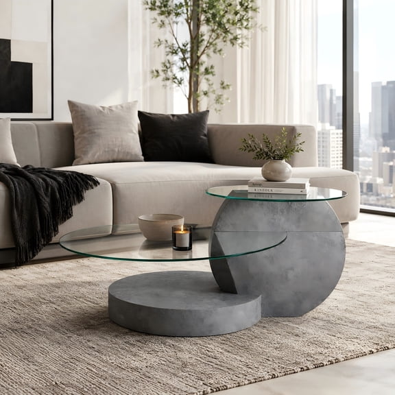 Coffee Table 35 Inch Oval Tempered Glass Double Layer MDF Gray Stone Texture for Living Room