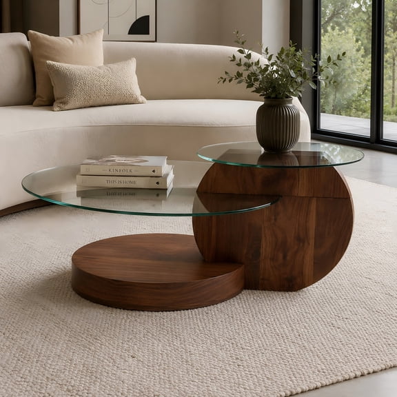 Coffee Table 35 Inch Round Tempered Glass Double Layer MDF Dark Wood Texture for Living Room