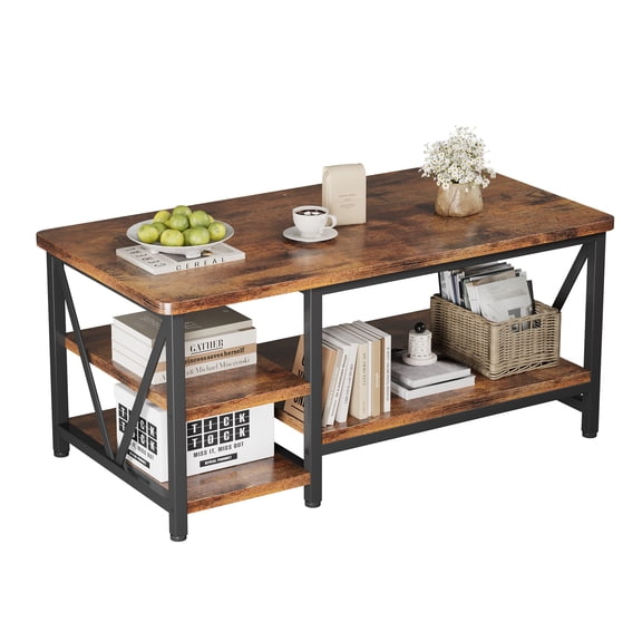 Coffee Table, 39.3" Farmhouse Coffee Table with Sturdy V-Frame Support | 4-Tier Wood Rustic Coffee Tables for Living Room, Home Office, Apartment, Rustic Brown