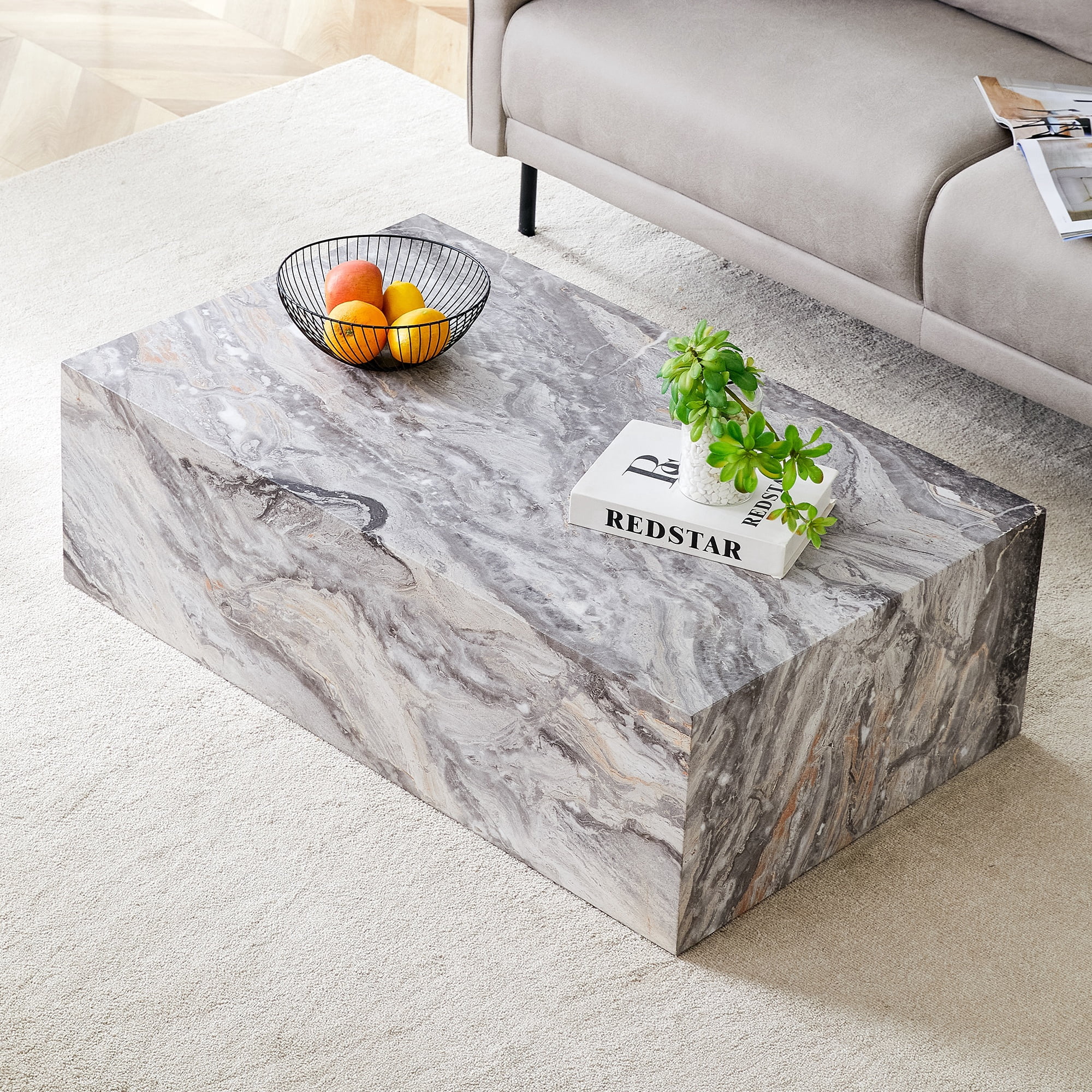 Coffee Table 39.3 Inch, Grey Stone Pattern MDF Side Table with Modern Texture Design, Accent Table for Living Room and Lounge, No Assembly Required, Gray