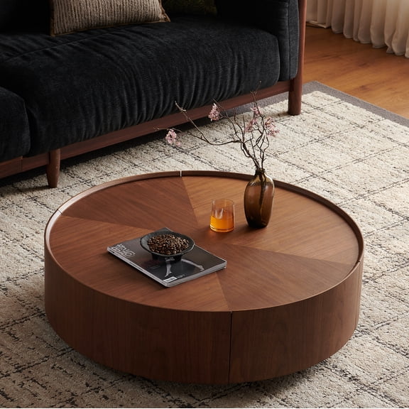 Coffee Table, 39.3-inch Round Walnut Wood Veneer Top with Handcrafted Mosaic Patterns and Sturdy Metal Ring Pedestal Base, Retro Glossy Finish for Living Room, Bedroom and Office