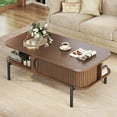 thumbnail image 1 of Coffee Table, 39.4" Mid Century Modern Coffee Tables for Living Room, Coffee Table with Storage Open Shelf, Fluted Table with Sliding Cabinet Door, 2-Tier Rustic Wood Desktop, Walnut, 1 of 7