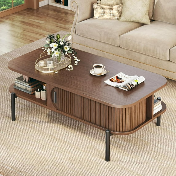 Coffee Table, 39.4" Mid Century Modern Coffee Tables for Living Room, Coffee Table with Storage Open Shelf, Fluted Table with Sliding Cabinet Door, 2-Tier Rustic Wood Desktop, Walnut