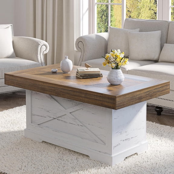 Coffee Table 39 in Farmhouse Center Table with X-Design Wooden Pedestal for Living Room, Space Saving, Easy Assembly Rectangle Home Office Tea Accent Table for Apartment, Antique White Walnut