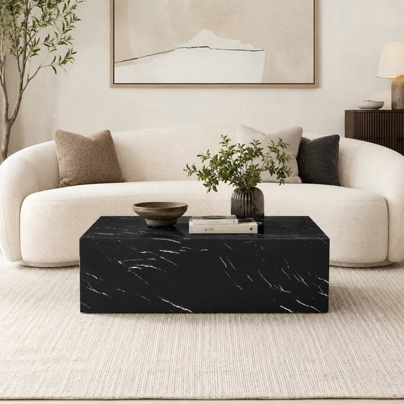 Coffee Table 39 Inch Rectangle Black Marble Pattern MDF Low Profile No Assembly for Living Room