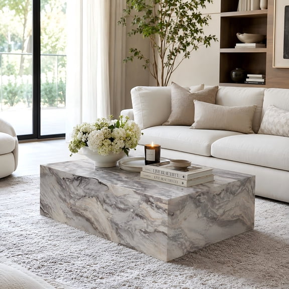 Coffee Table 39 Inch Rectangle Gray Marble Pattern MDF Low Profile for Living Room