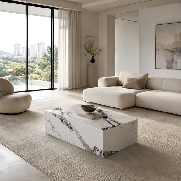 Coffee Table 39 Inch Rectangle White Marble Pattern MDF Low Profile No Assembly for Living Room