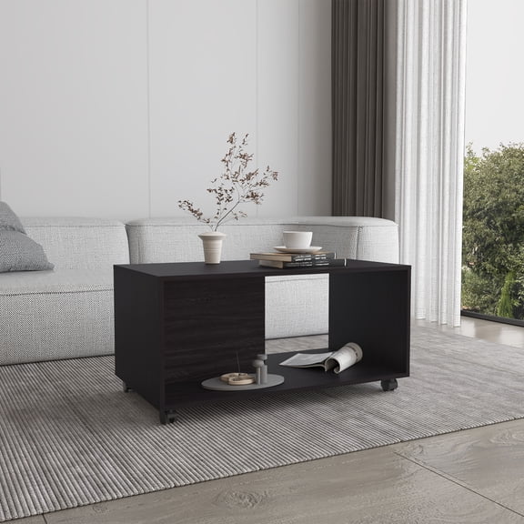 Coffee Table, 4 Wheels, 1 Shelf, Black