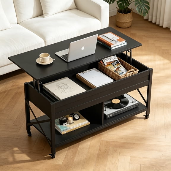 Coffee Table, 41.3" Lift Top Coffee Table with 4 Wheels, Hidden Compartment, Storage Shelf and Lift Tabletop for Living Room, Reception Room, Black
