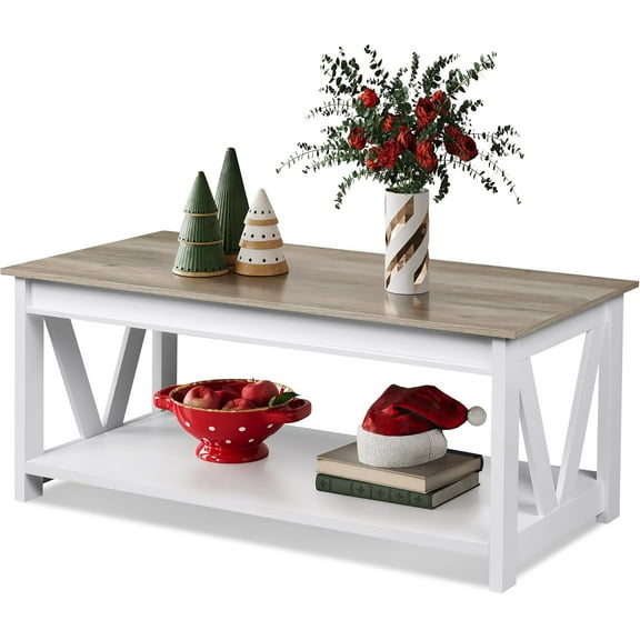 Coffee Table, 43" Farmhouse Coffee Table with Storage Shelf & Sturdy V-Shaped Support, Wood Center Table for Living Room, Bedroom, Office and Balcony, White