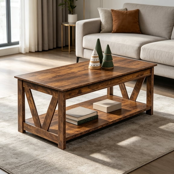 Coffee Table, 43" Farmhouse Coffee Table with Storage Shelf & Sturdy V-Shaped Support, Wood Center Table for Living Room, Bedroom, Office and Balcony, Rustic Brown