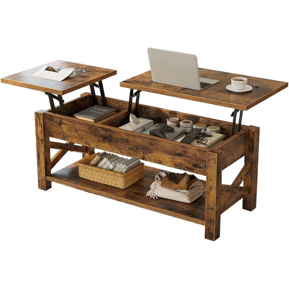 MY Coffee Table 47.2", 2 Way Lift Top with Hidden Compartment, Lift Top Coffee Table with Open Shelf & X Wooden Support, Center Table for Living Room, Rustic Brown