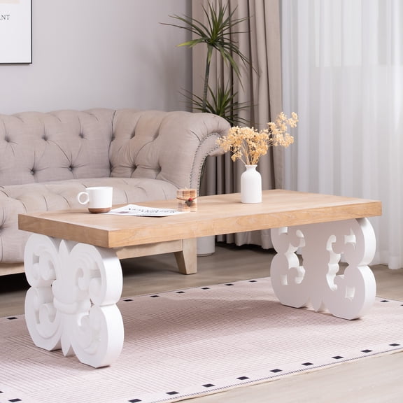 Coffee Table, 47.2" Rectangular Engineered Wood Center Table with White Carved Scroll Base and Natural Wood Top, Farmhouse Style Living Room Accent Table, 18" Height, Natural Finish