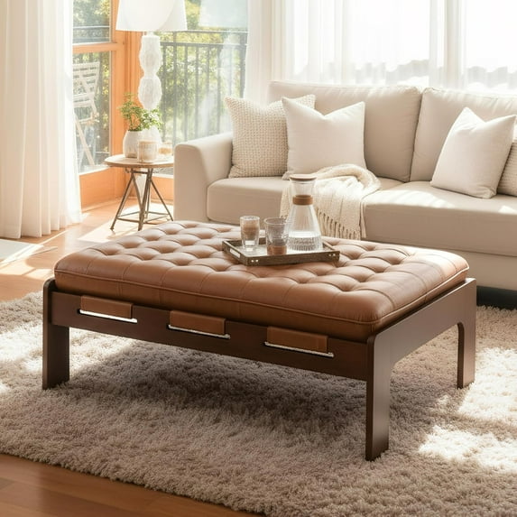 Coffee Table, 47.75'' Living Room Ottoman, Square Ottoman Bench Leather Tufted Upholstered Coffee Tables, Brown