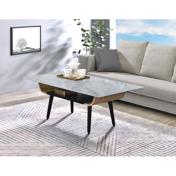 Coffee Table, 47-Inch Gray Marble Texture Glass Top with Bent Solid Wood Frame, Dichromatic Storage Shelf, Black Flared Legs and Adjustable Leveling Feet for Living Room Lounge