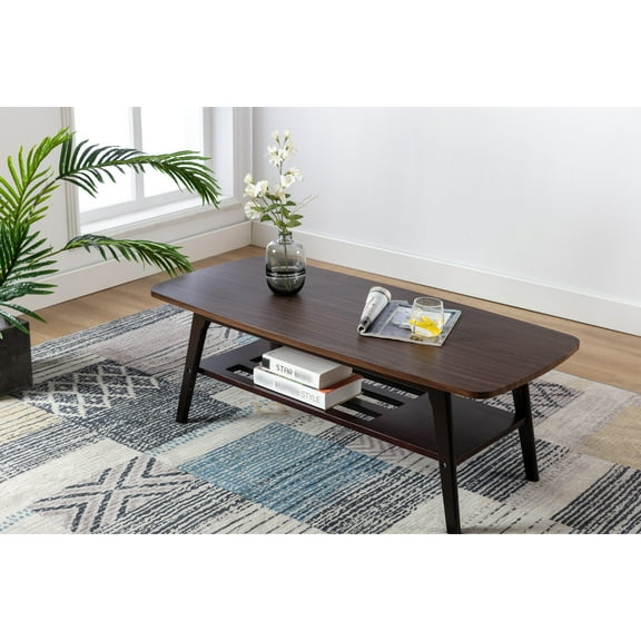 Coffee Table 47", Solid Wood Legs, Open Lower Shelf For Everyday Use 47" Wooden With Legs And Graceful Design