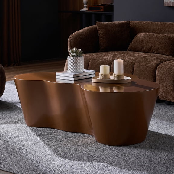 Coffee Table, 50 Inch Mid-Century Modern Fiberglass Tea Table, Unique Shape Scratch-Resistant Brown Finish, No Assembly Required for Living Room and Office Space, Sturdy Design