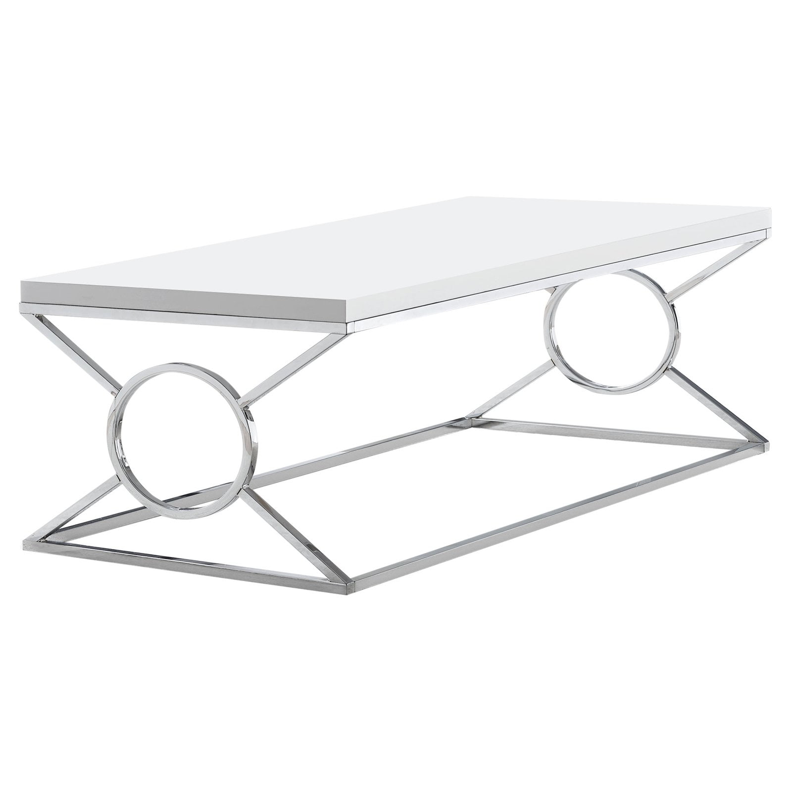 Glossy White Rectangular Wood and Chrome Metal Coffee Table