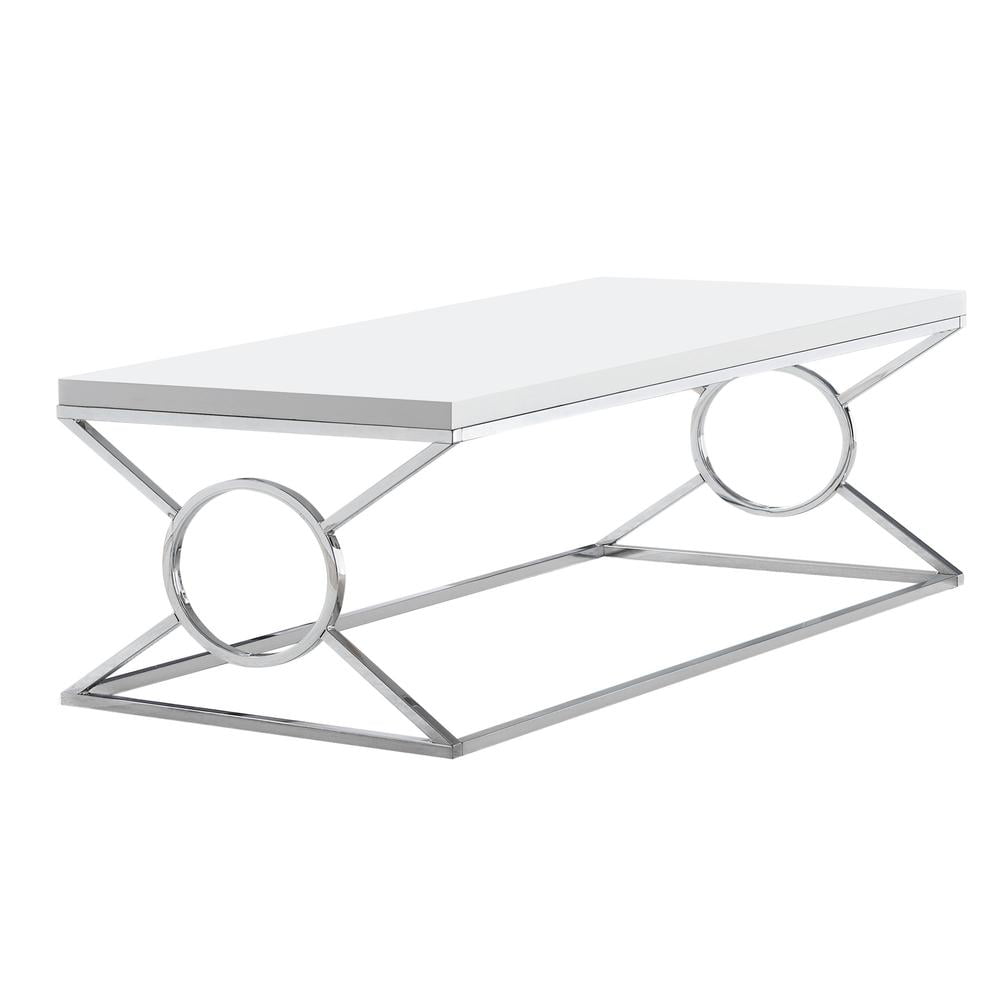 Glossy White Rectangular Wood and Chrome Metal Coffee Table