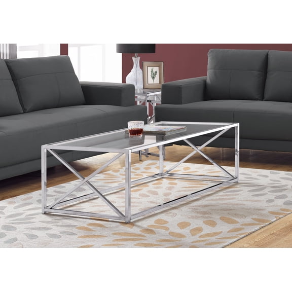 Coffee Table, Accent, Cocktail, Rectangular, Living Room, 44"l, Clear Tempered Glass, Chrome Metal, Contemporary, Modern